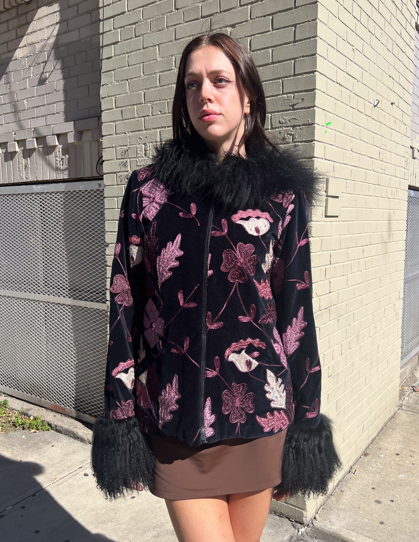 Anna Sui Embroidered Fur Trim Jacket