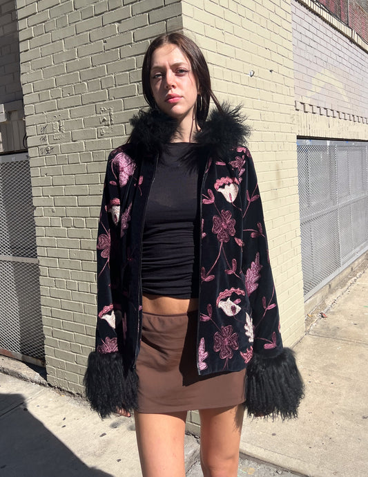 Anna Sui Embroidered Fur Trim Jacket