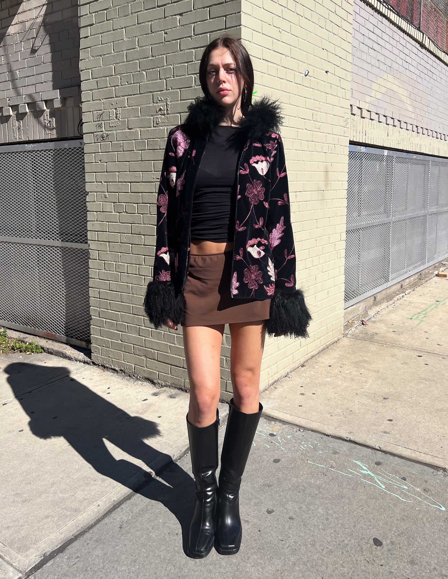Anna Sui Embroidered Fur Trim Jacket