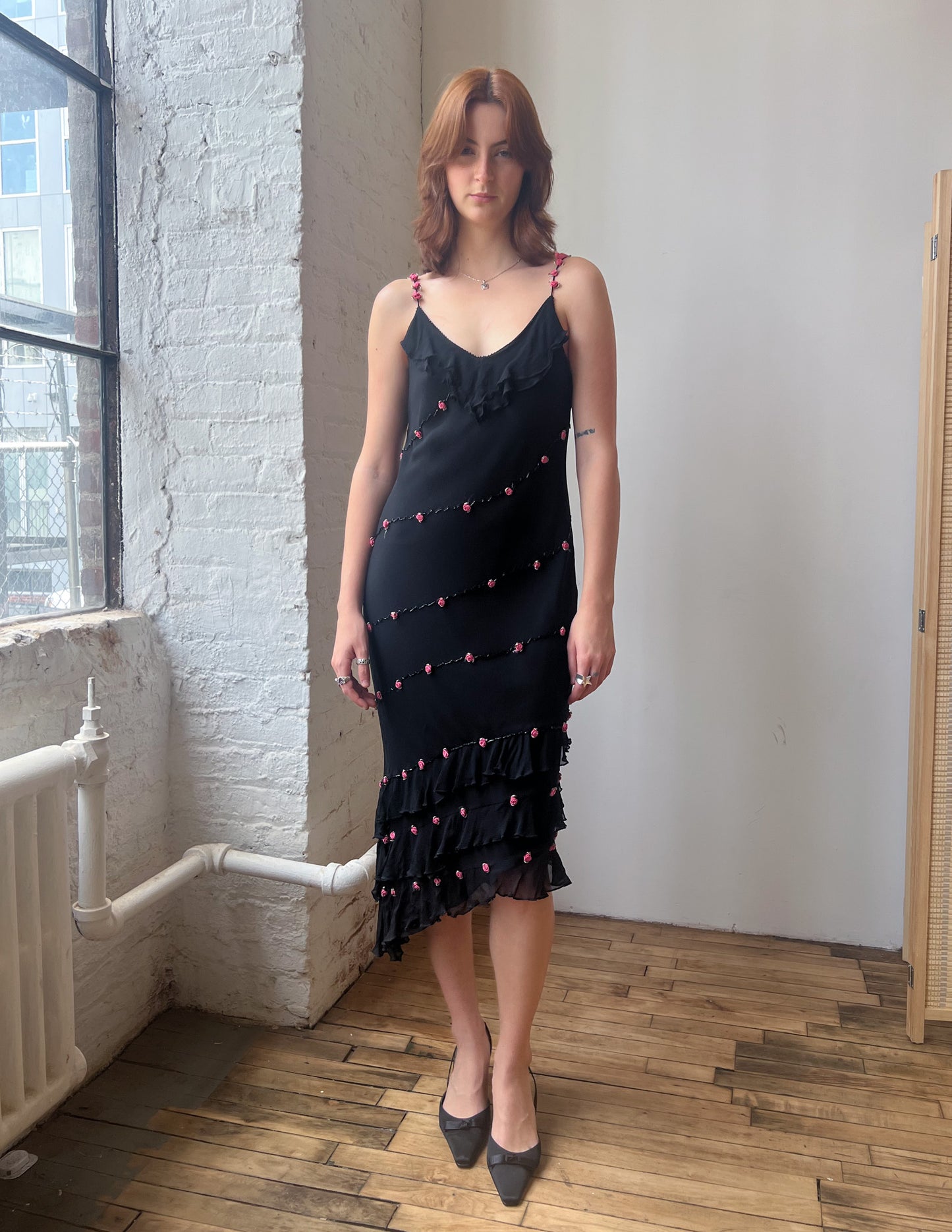 100% Silk Asymmetric Pink Rosebud Detail Dress