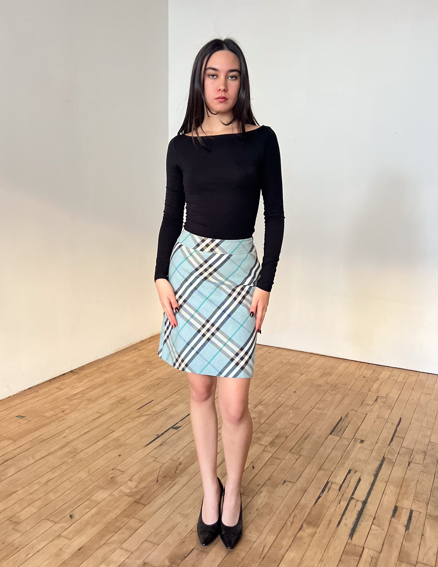 Burberry London Blue Label Blue Check Midi Skirt