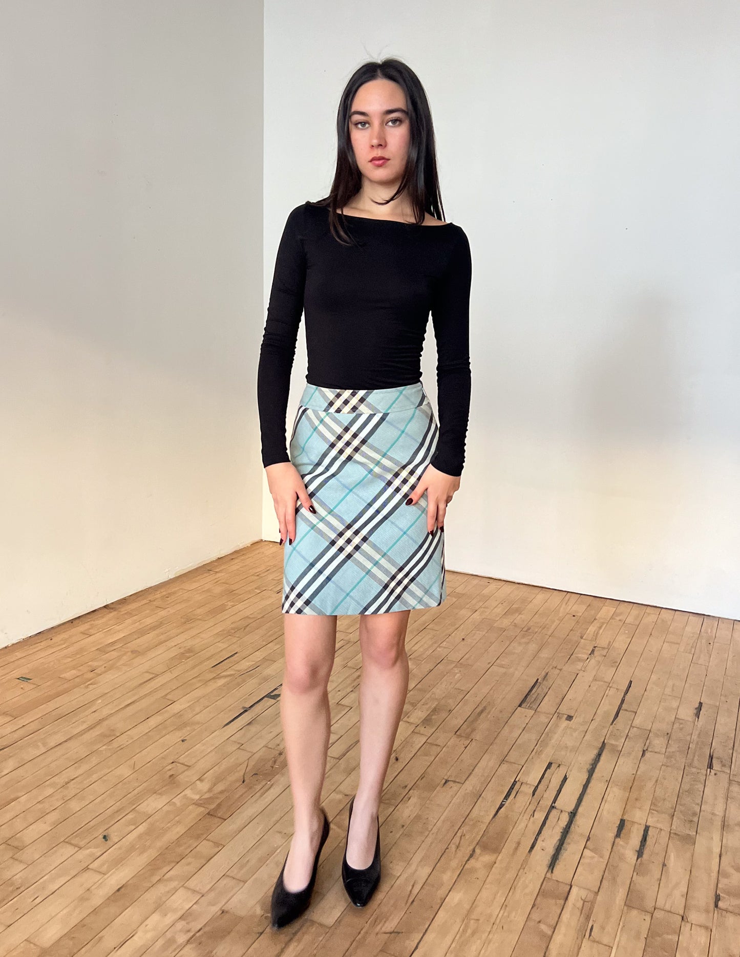 Burberry London Blue Label Blue Check Midi Skirt