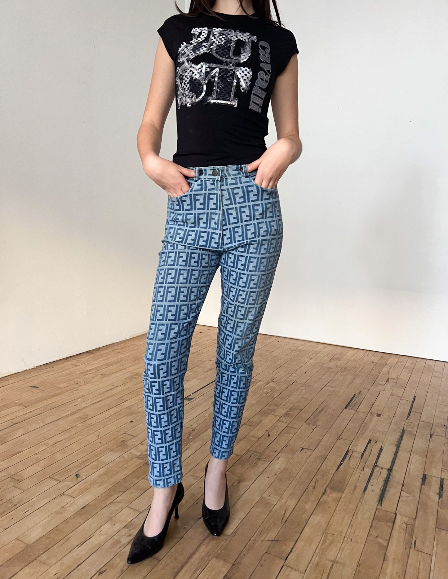 Fendi Blue Zucca All Over High Waisted Pants