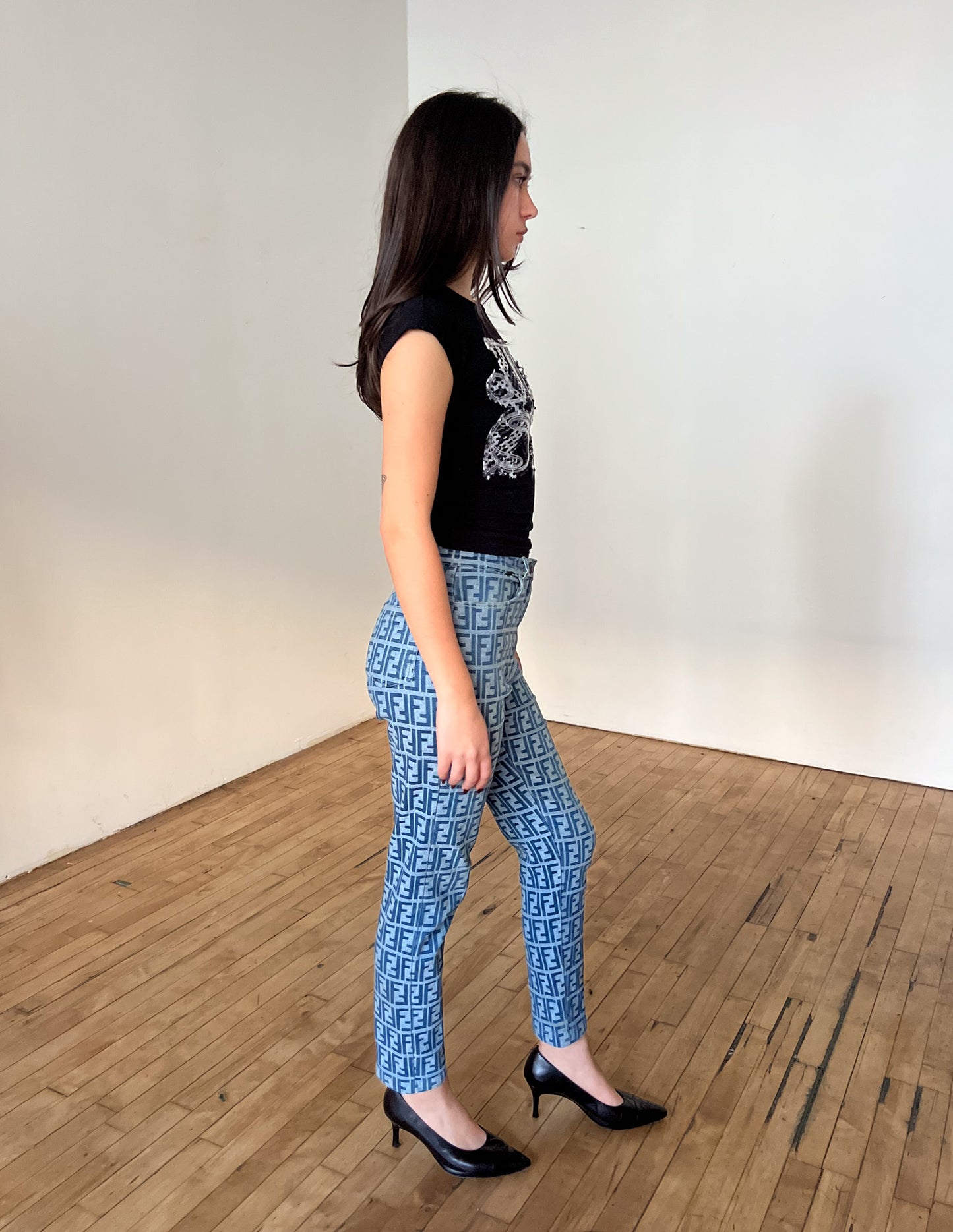 Fendi Blue Zucca All Over High Waisted Pants