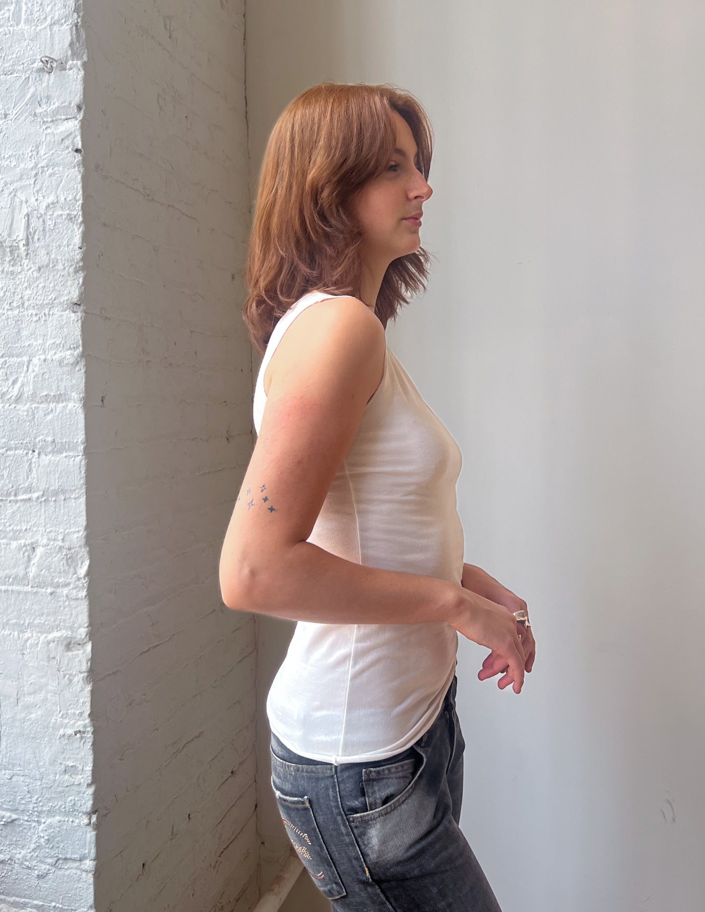 Semi Sheer Tank Beaded Flower Detail