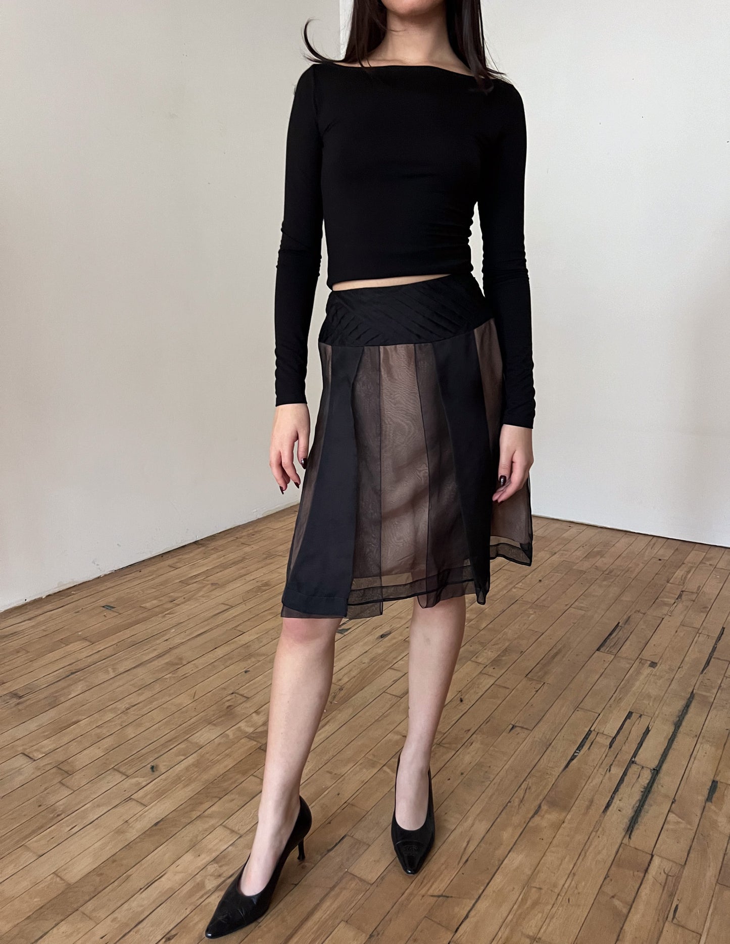 Celine 100% Silk Black & Nude Pink Overlay Skirt