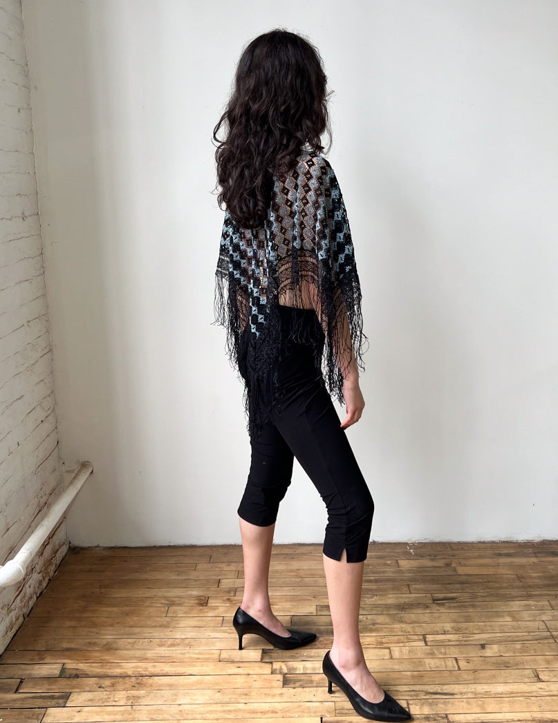 Vtg Crochet Black & Powder Blue Poncho Sourced in CDMX