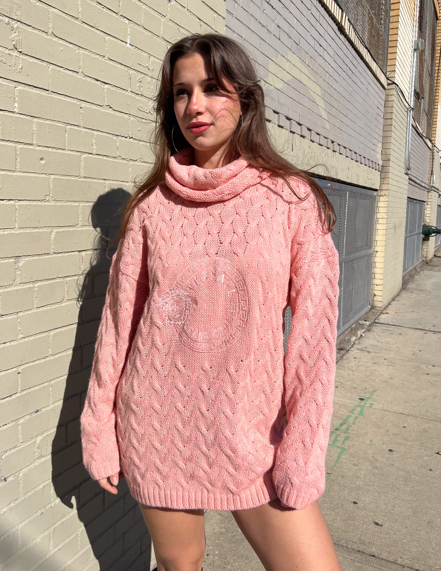 Versace Jeans Pink Knit Turtleneck Sweater Dress