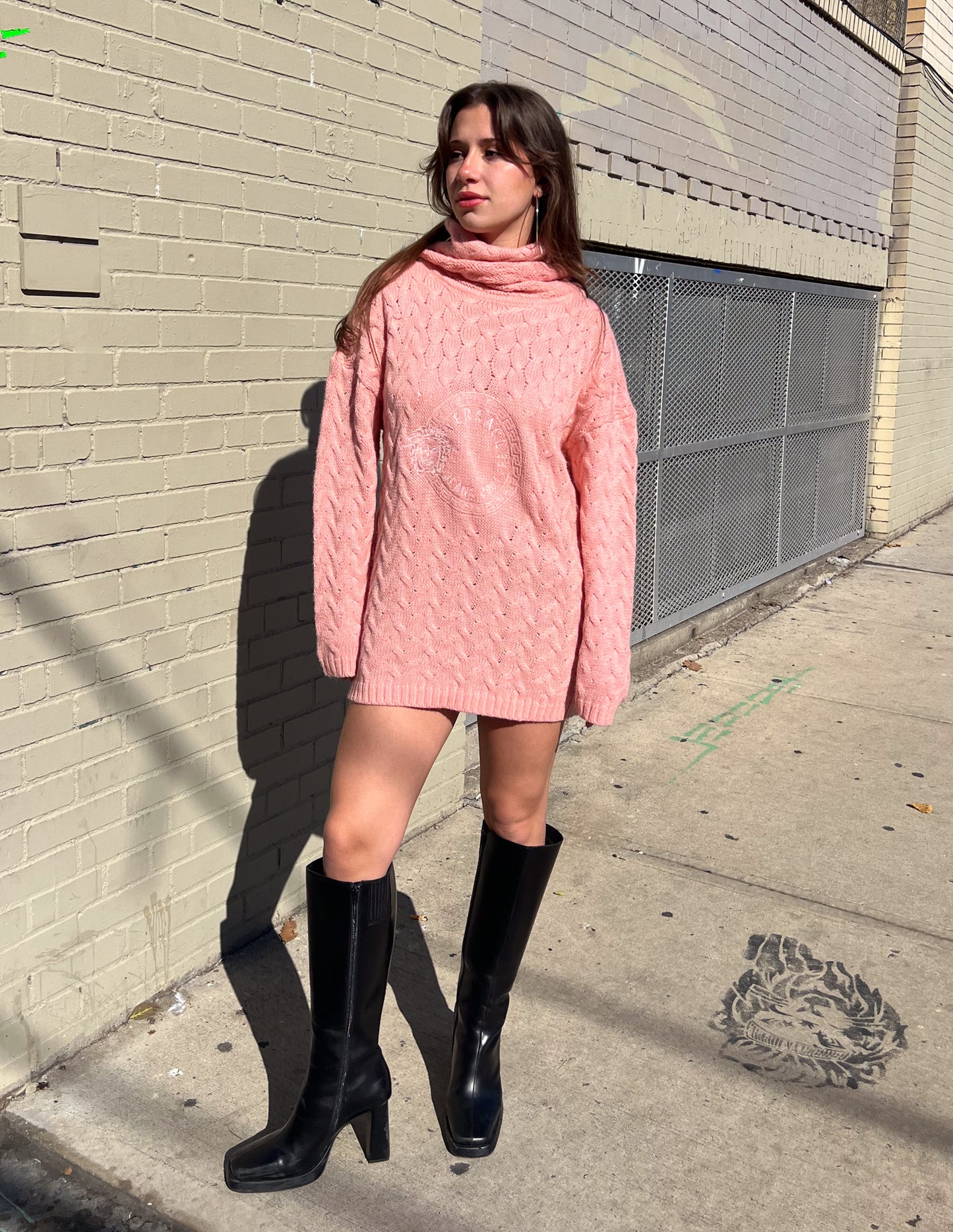 Versace Jeans Pink Knit Turtleneck Sweater Dress