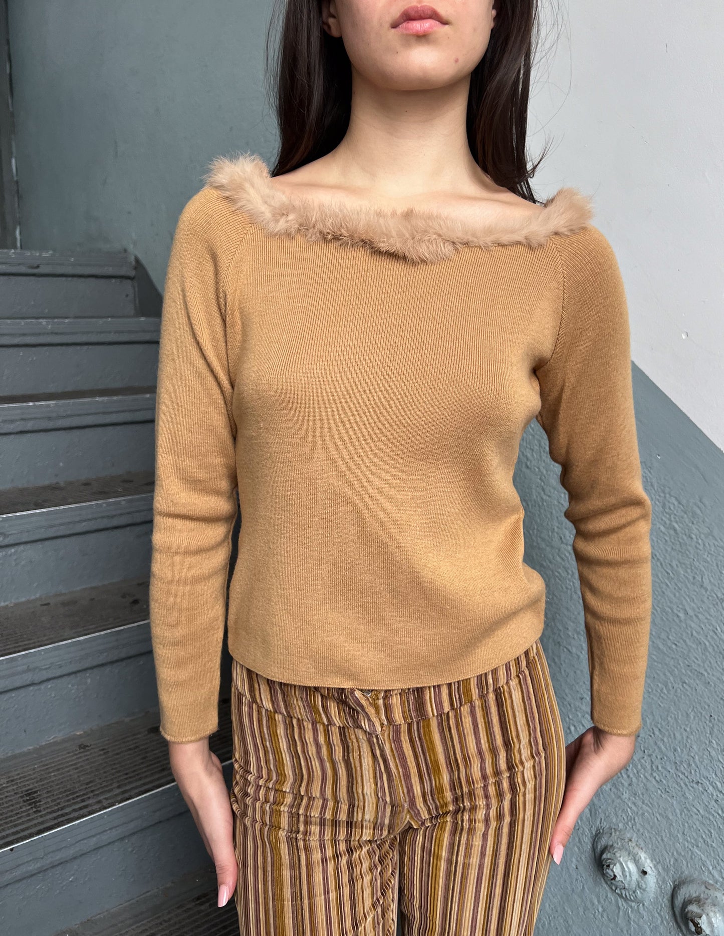 Vtg Fur Trim Bateau Neck Sweater
