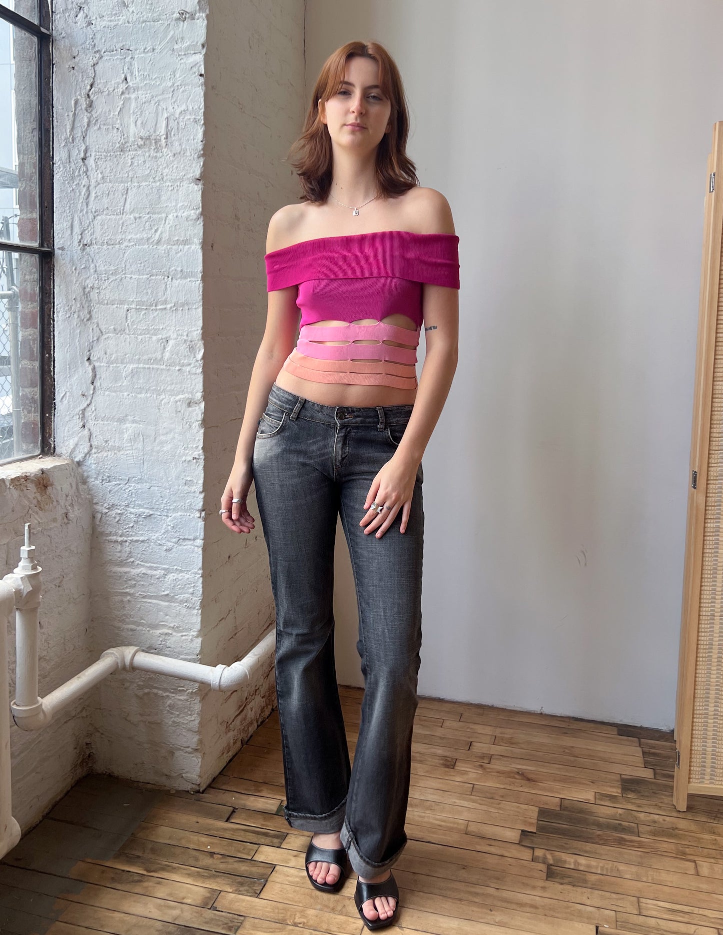 Miss Sixty Pink Cut Out Off Shoulder Top
