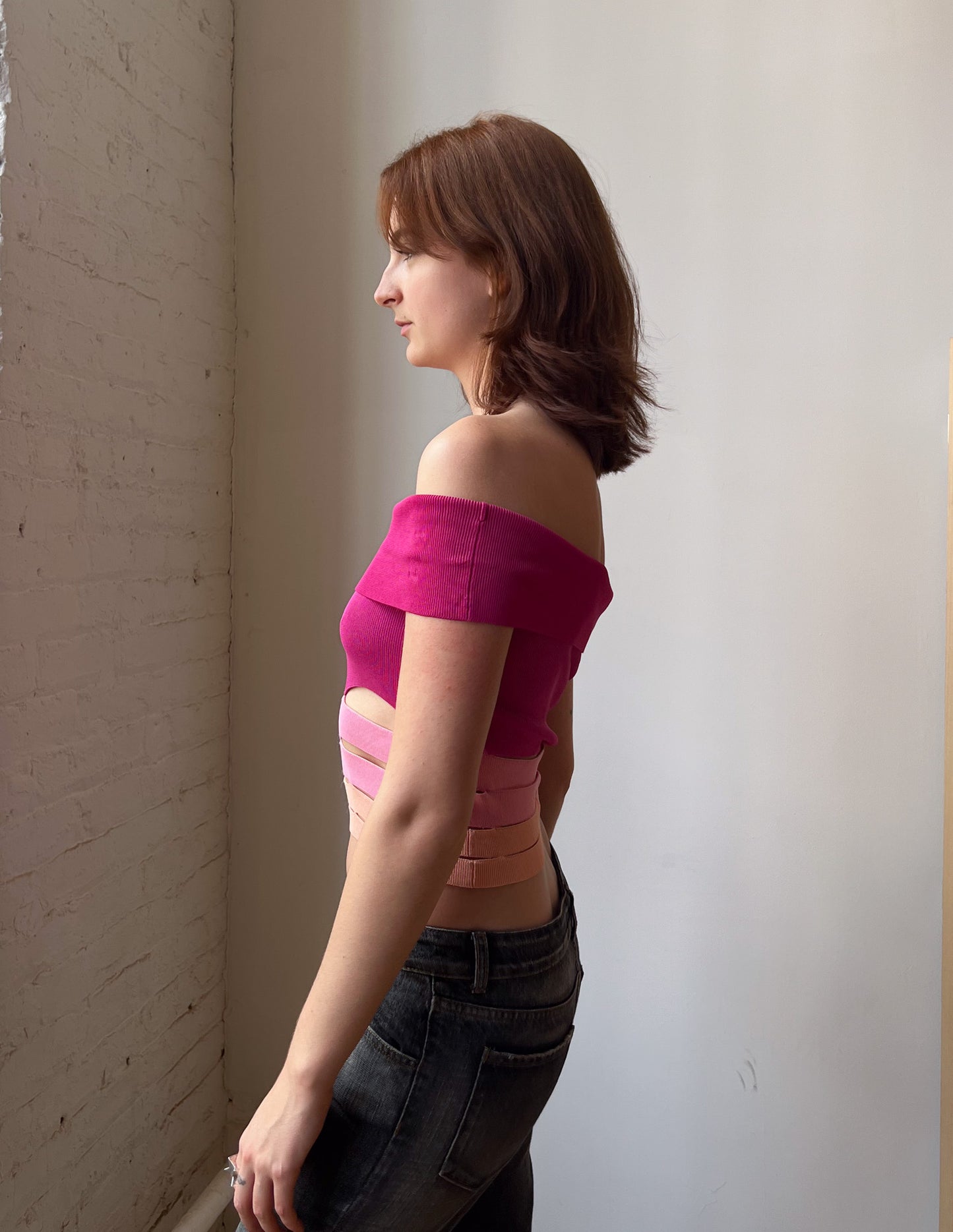 Miss Sixty Pink Cut Out Off Shoulder Top