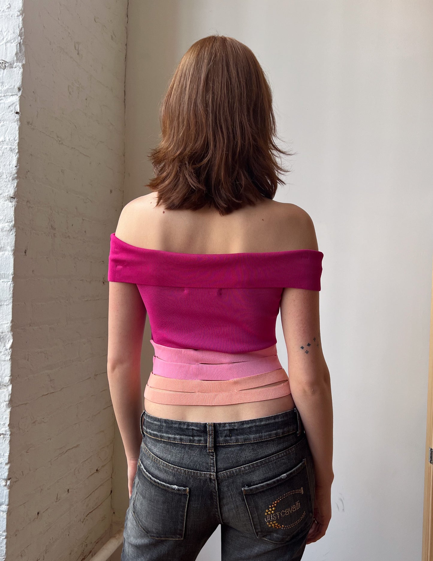 Miss Sixty Pink Cut Out Off Shoulder Top