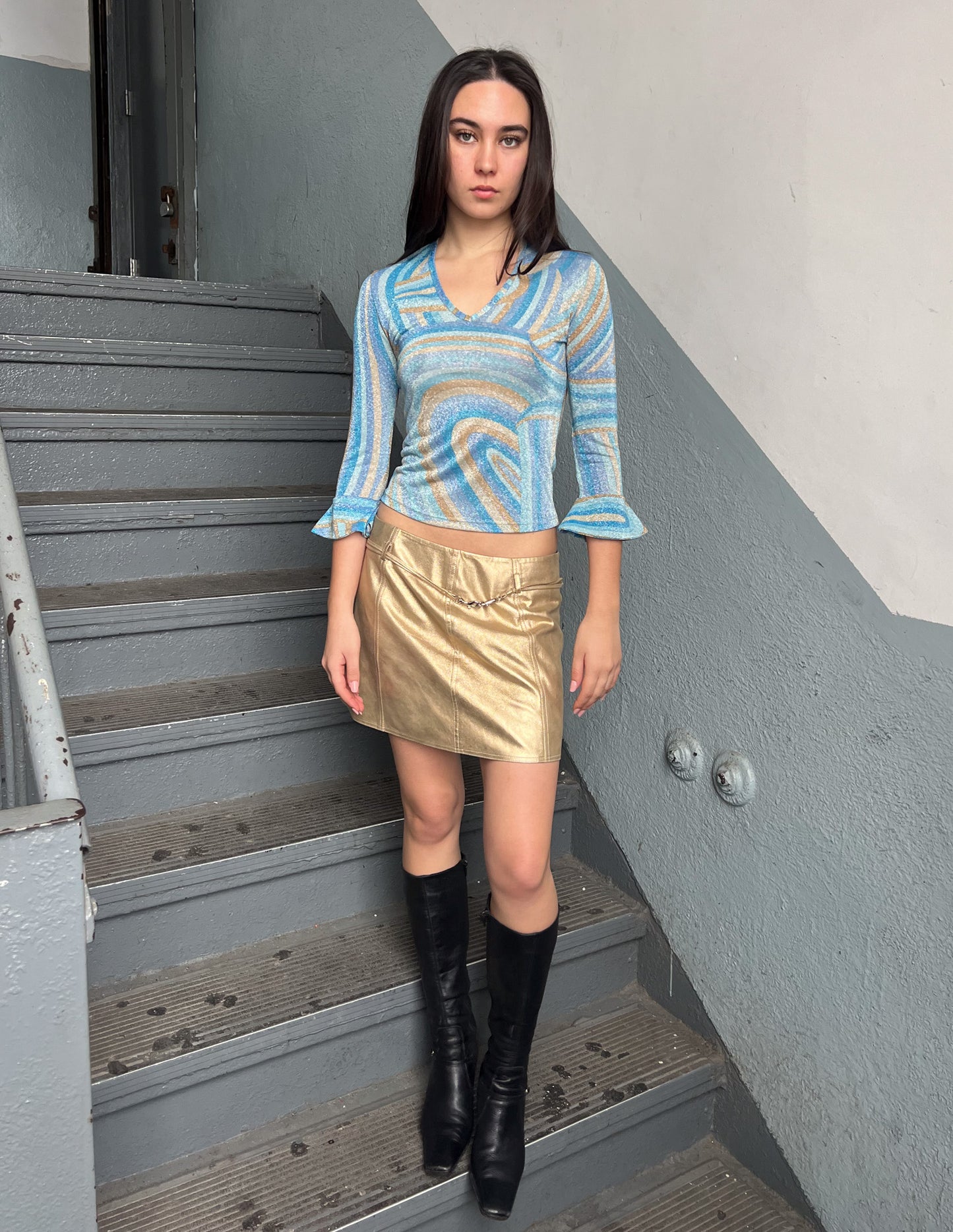 Vtg Shimmer Mesh Blue Abstract Print Top