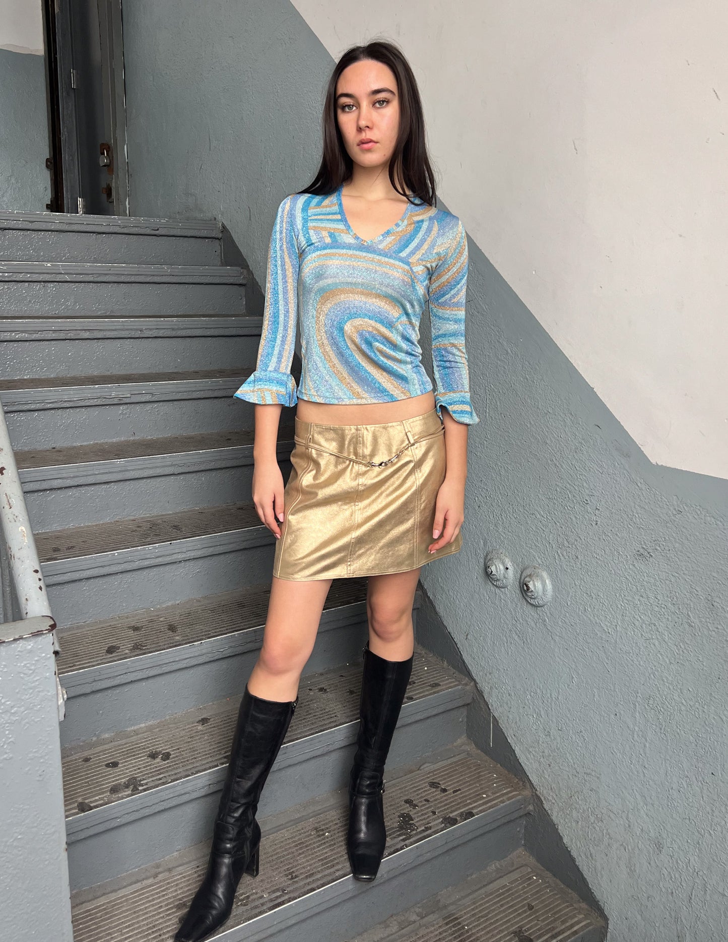 Vtg Shimmer Mesh Blue Abstract Print Top