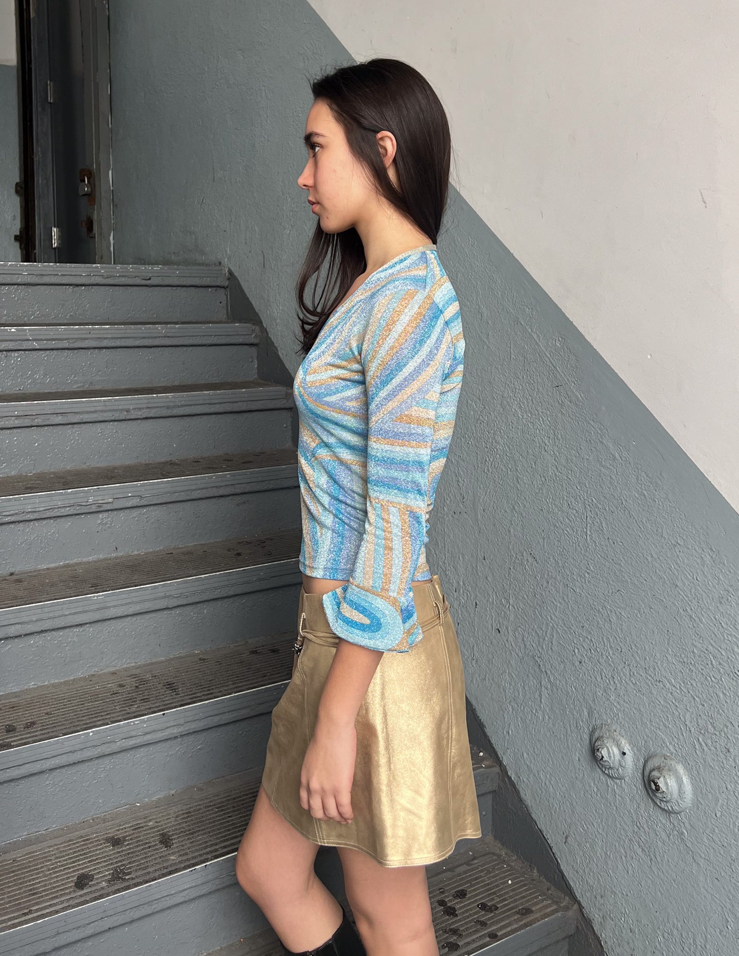 Vtg Shimmer Mesh Blue Abstract Print Top