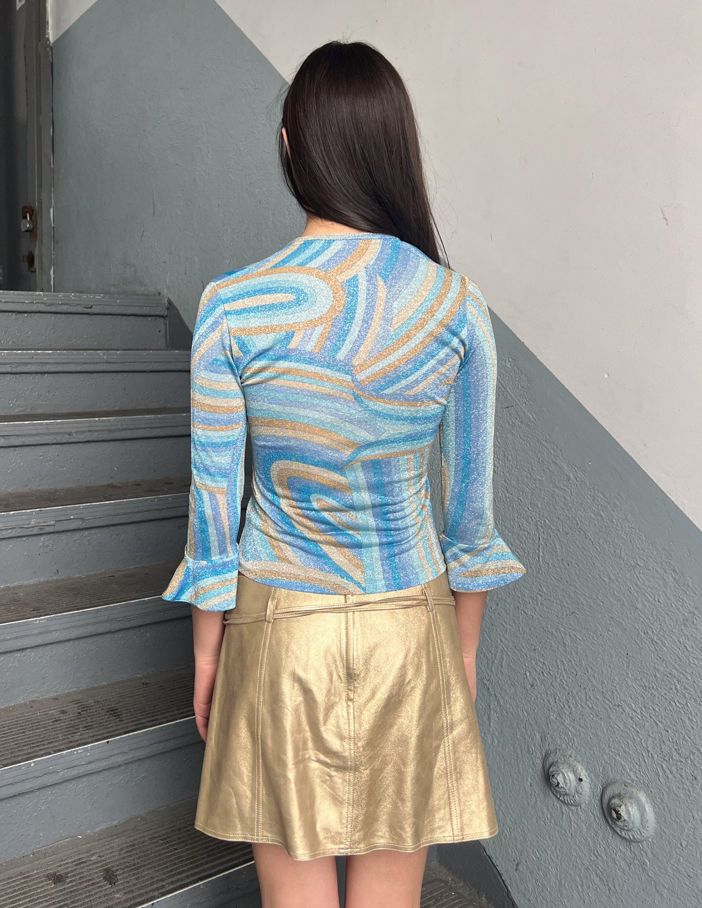 Vtg Shimmer Mesh Blue Abstract Print Top