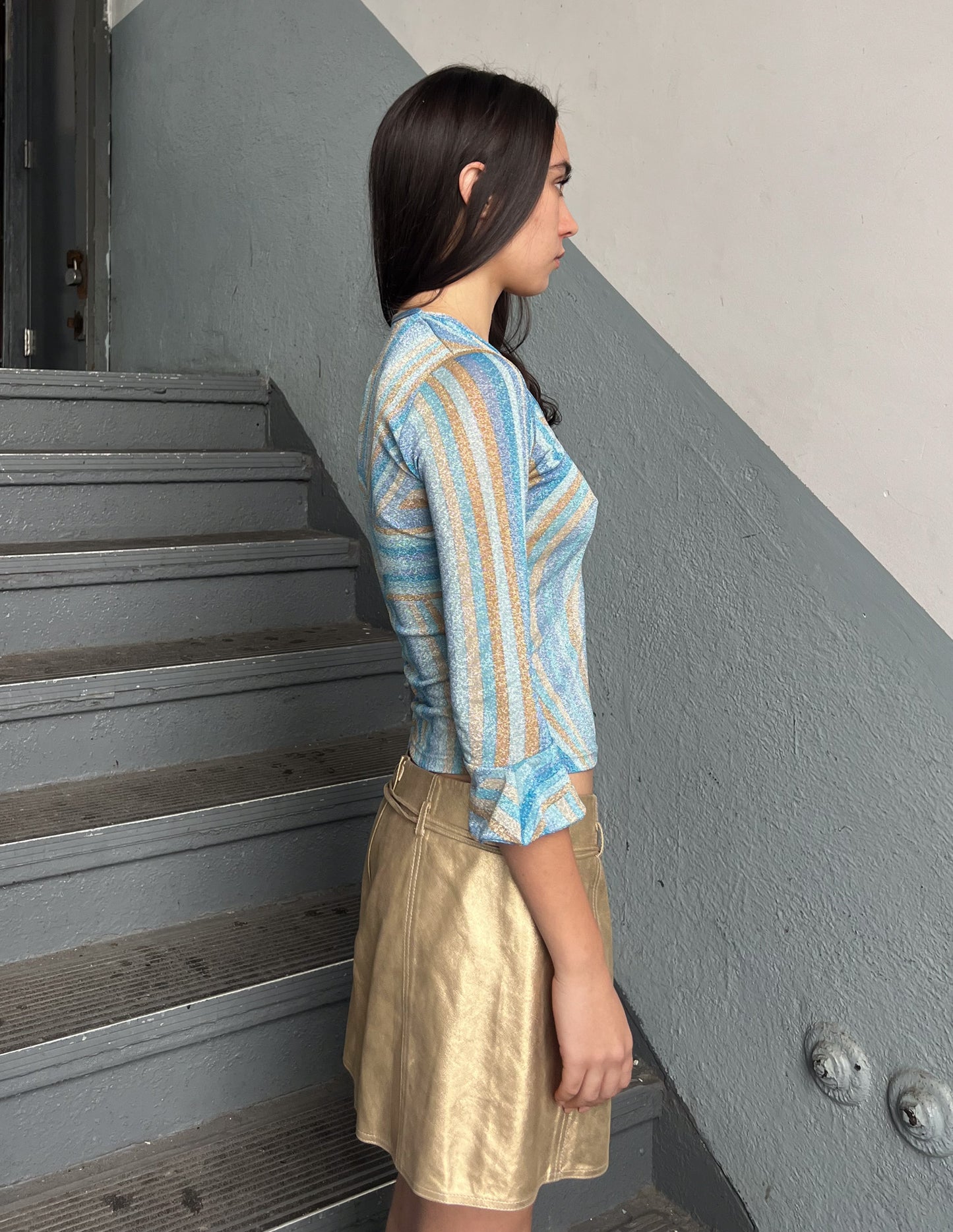 Vtg Shimmer Mesh Blue Abstract Print Top