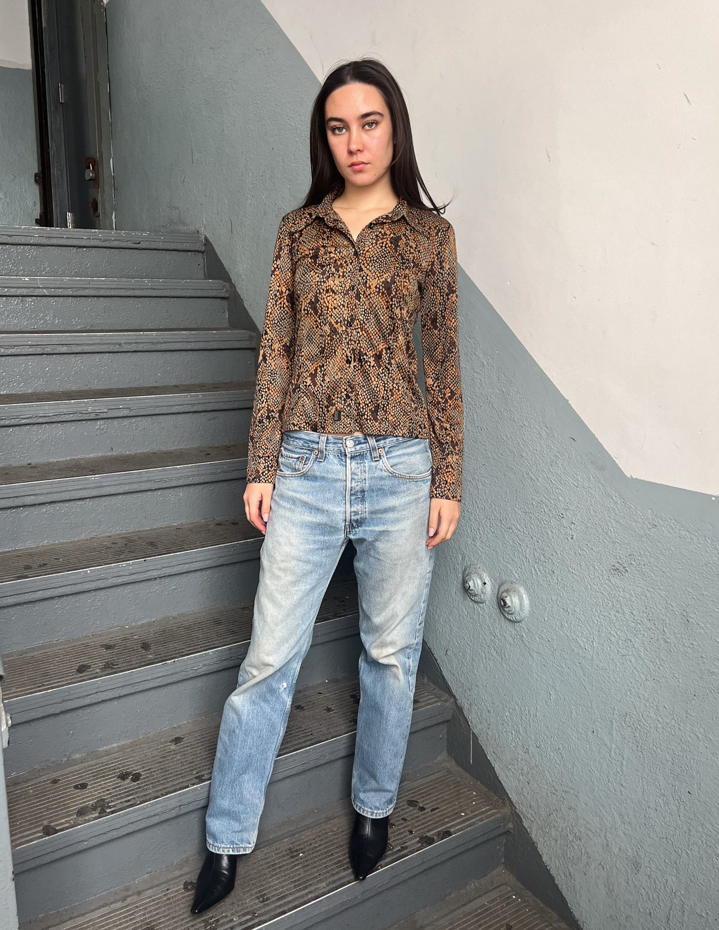 Just Cavalli Snakeskin Print Button Down Blouse