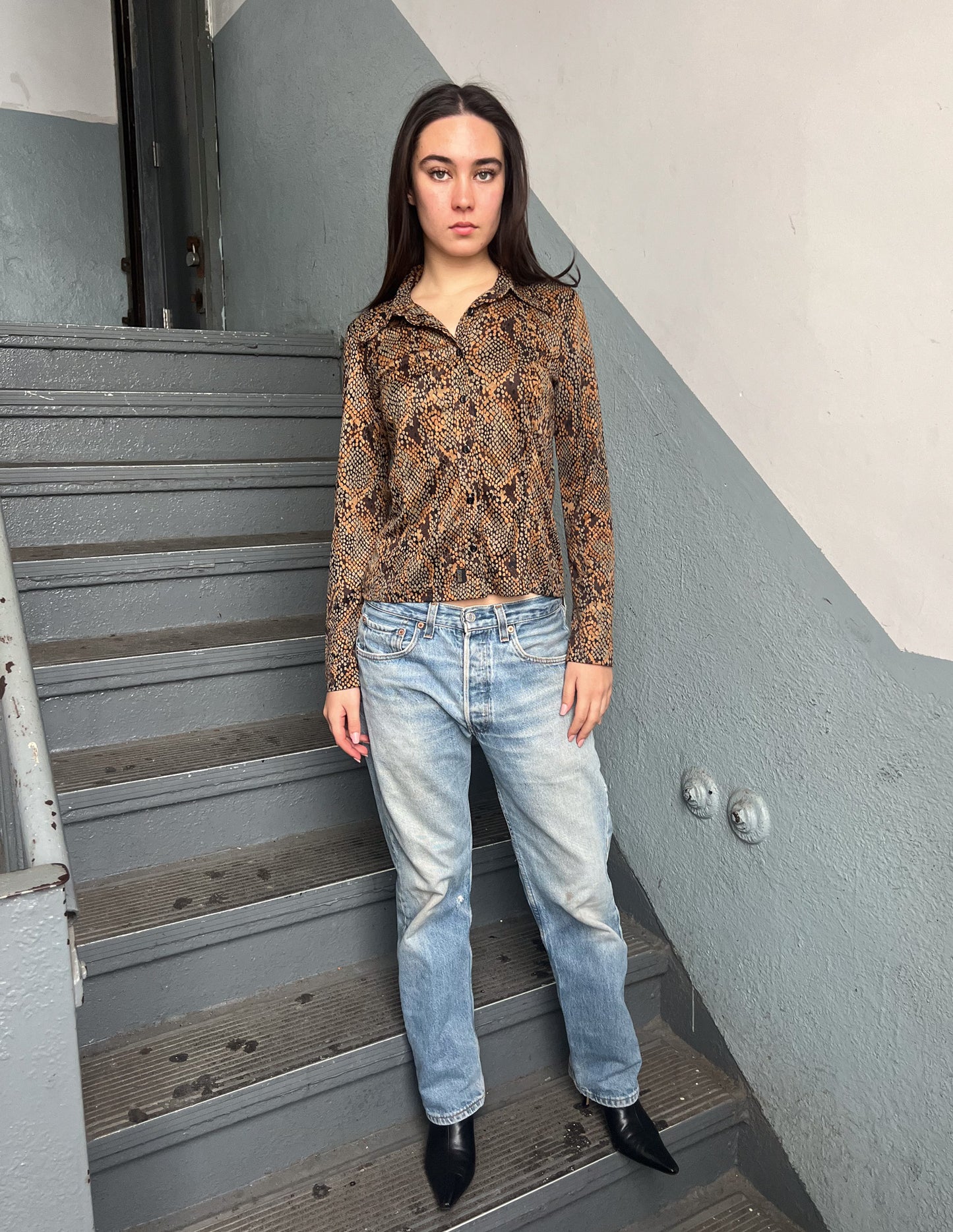 Just Cavalli Snakeskin Print Button Down Blouse