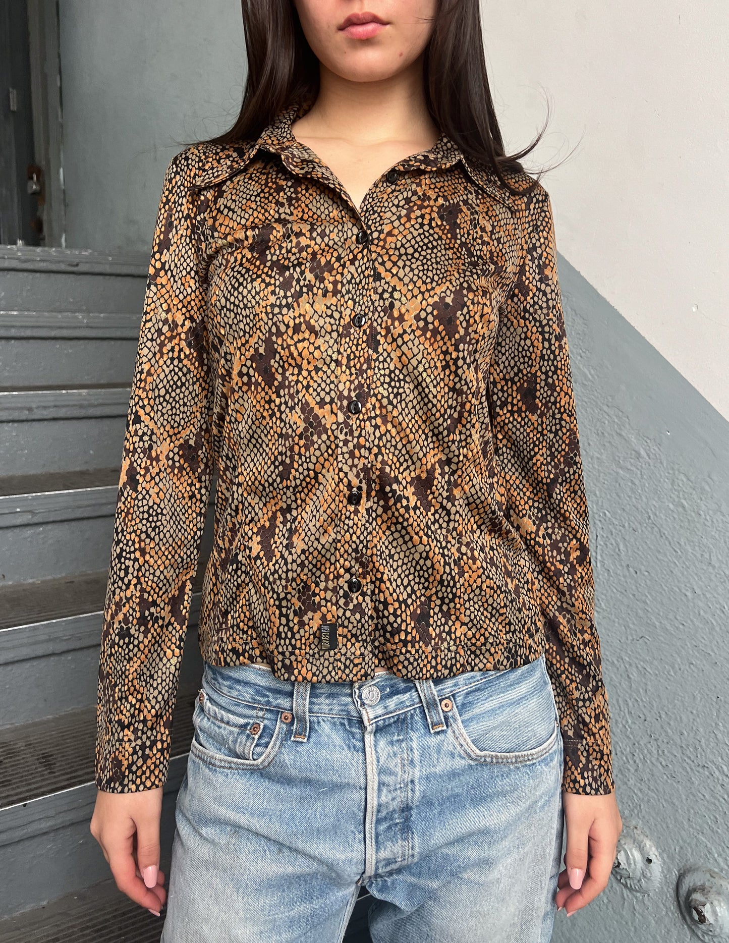 Just Cavalli Snakeskin Print Button Down Blouse
