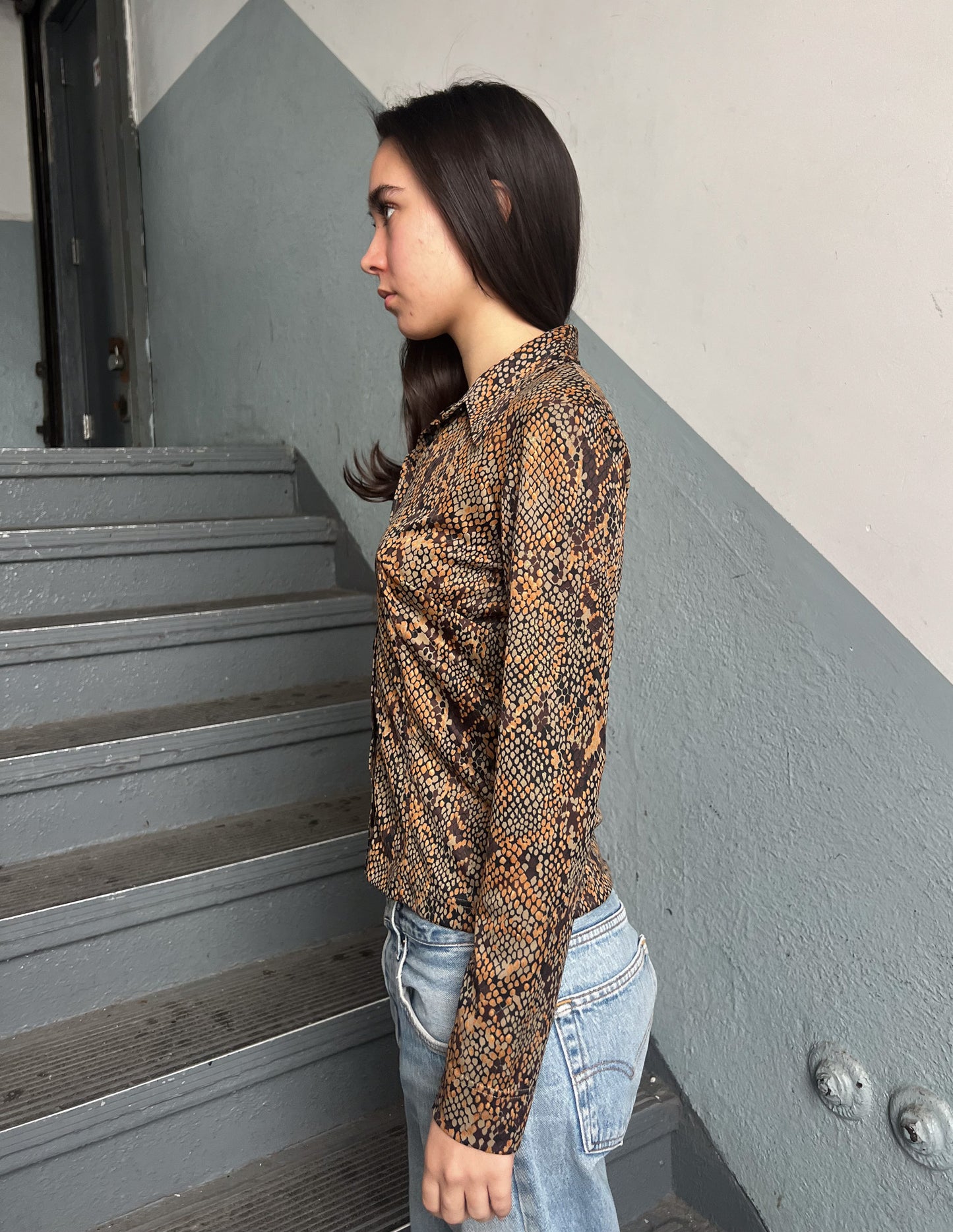 Just Cavalli Snakeskin Print Button Down Blouse