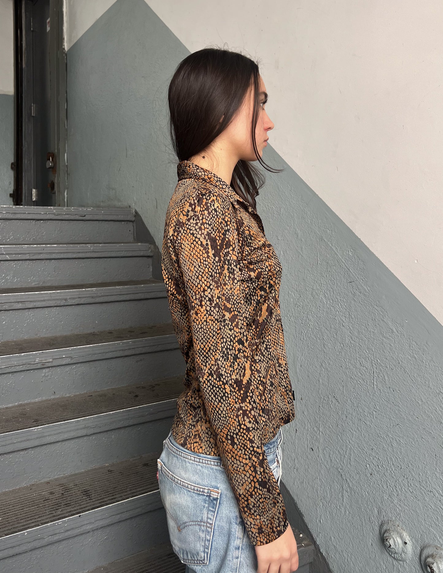 Just Cavalli Snakeskin Print Button Down Blouse