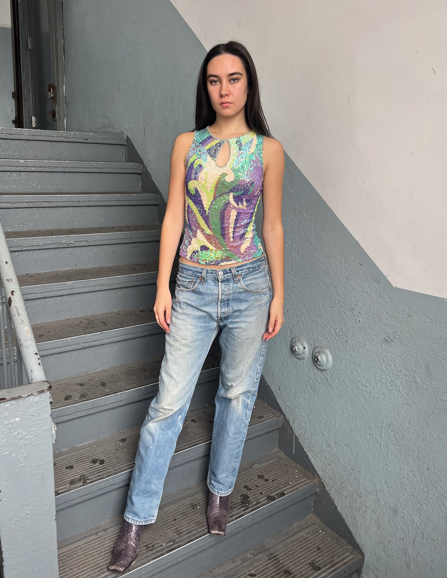 Vtg Sequin Mesh Back Keyhole Tank