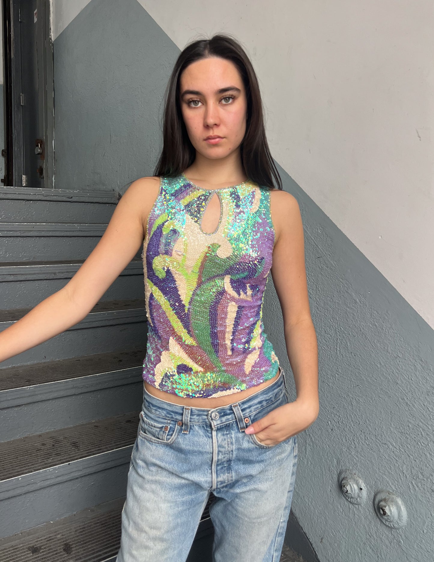 Vtg Sequin Mesh Back Keyhole Tank