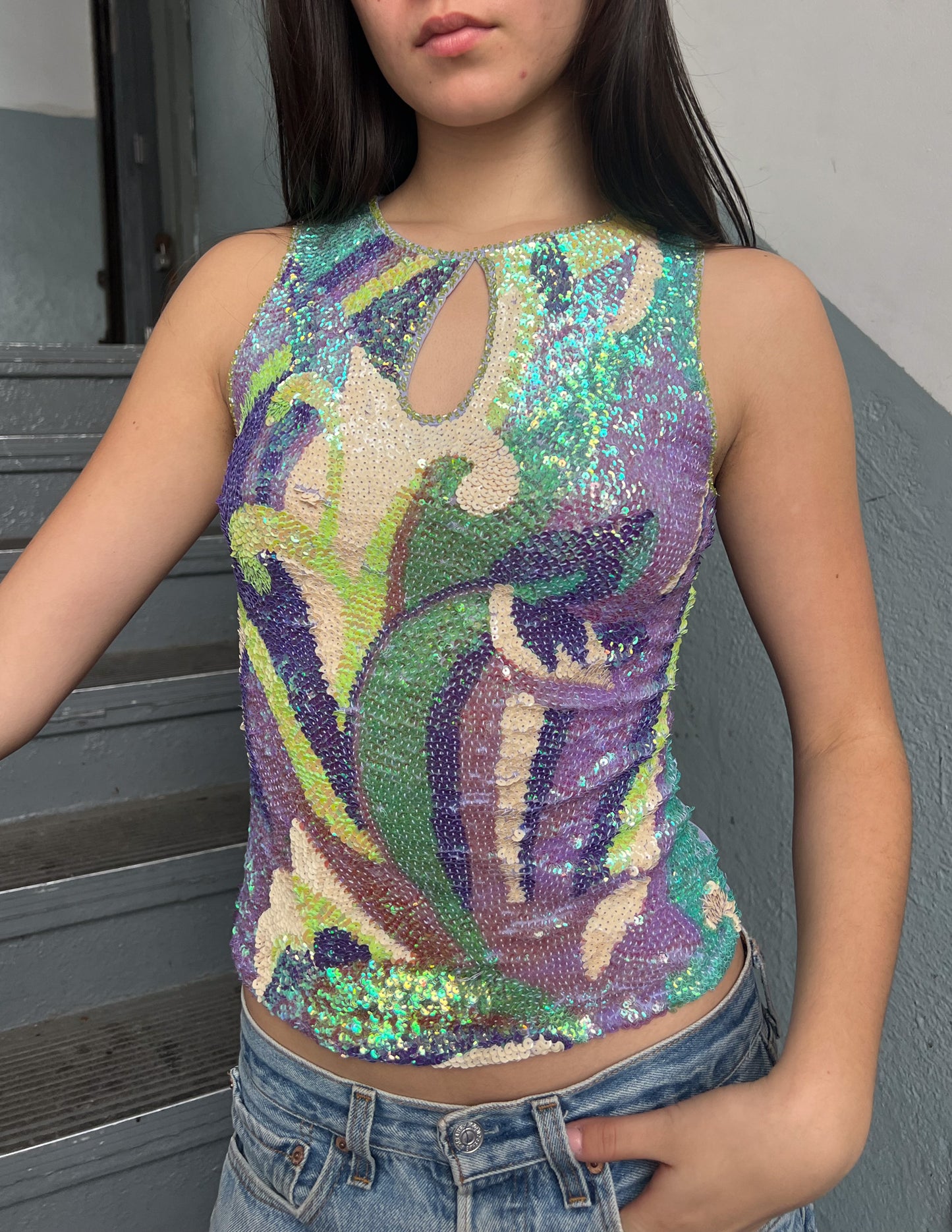 Vtg Sequin Mesh Back Keyhole Tank