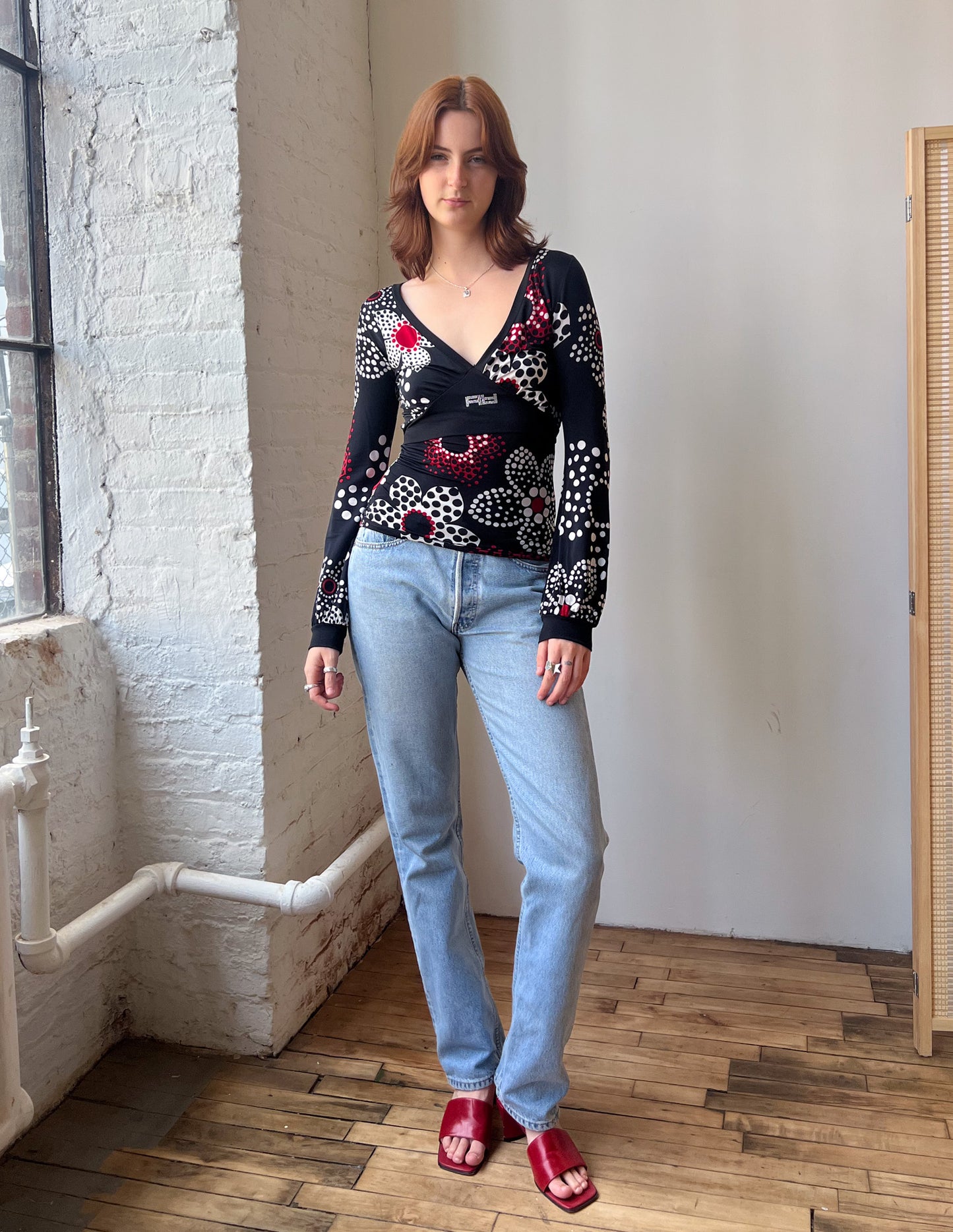 Y2k Polka Dot V-Neck Long Sleeve