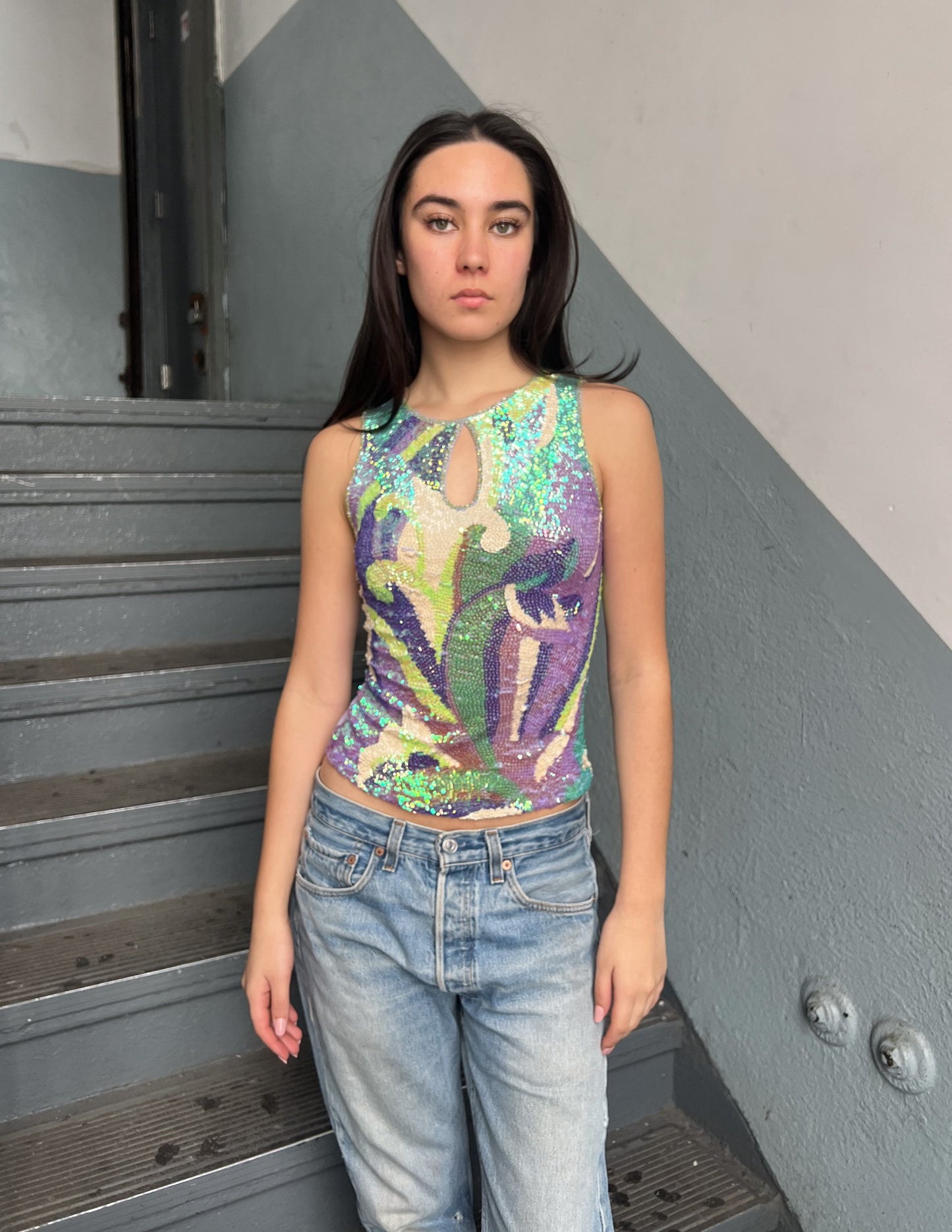 Vtg Sequin Mesh Back Keyhole Tank