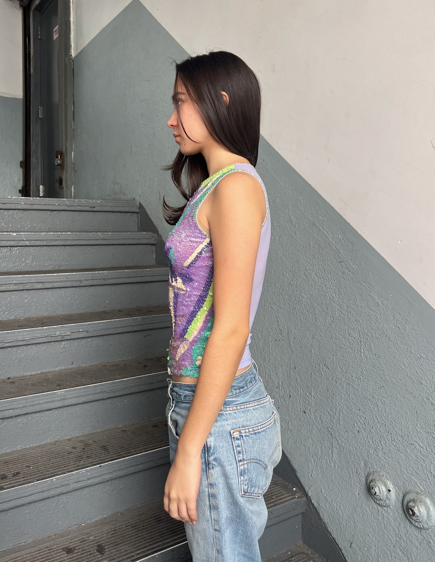 Vtg Sequin Mesh Back Keyhole Tank