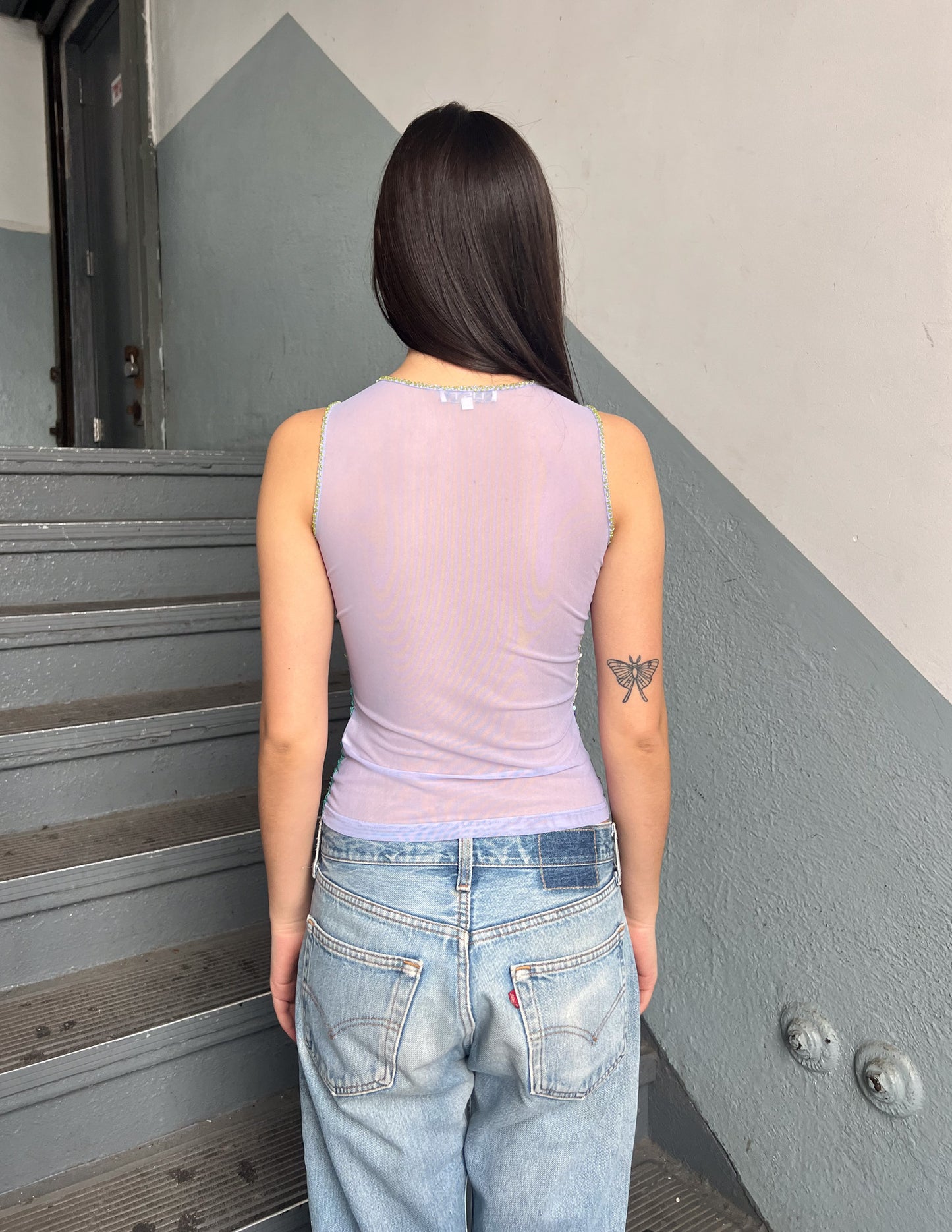 Vtg Sequin Mesh Back Keyhole Tank