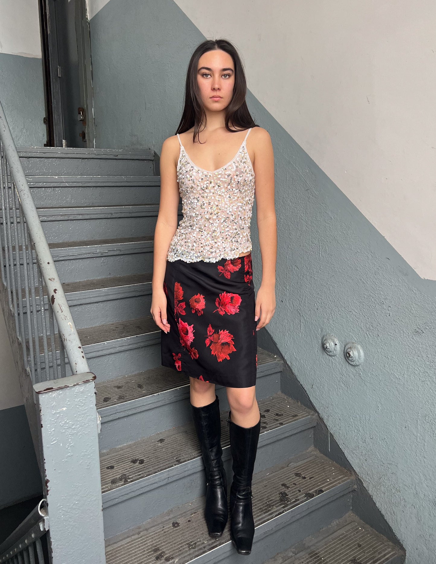 Vtg White Sequin Asymmetrical Tank