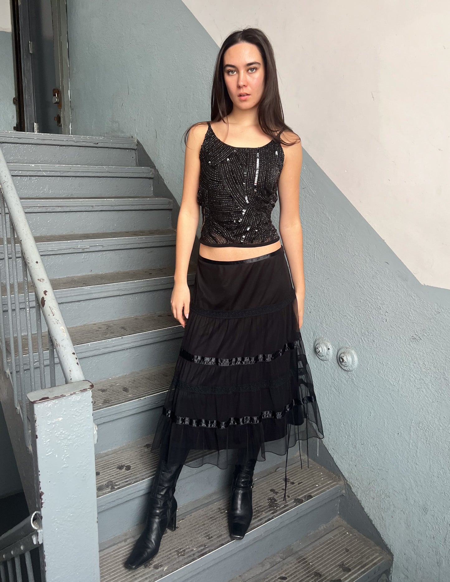 Vtg Black Sequin Adjustable Tank
