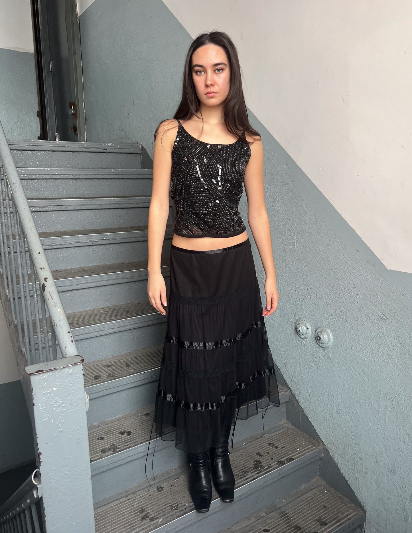 Vtg Black Sequin Adjustable Tank