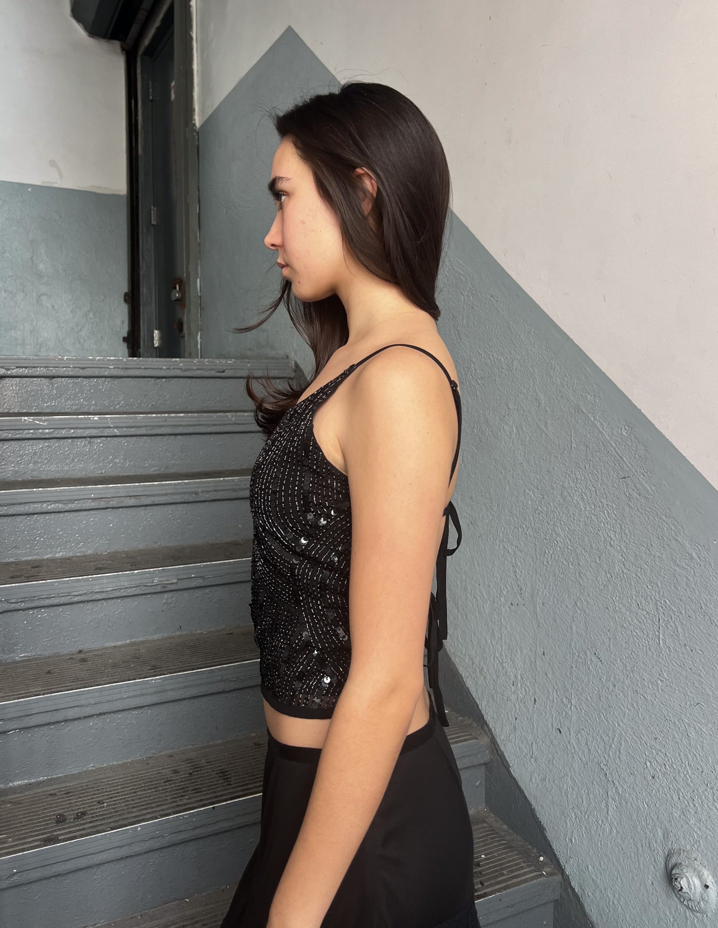 Vtg Black Sequin Adjustable Tank