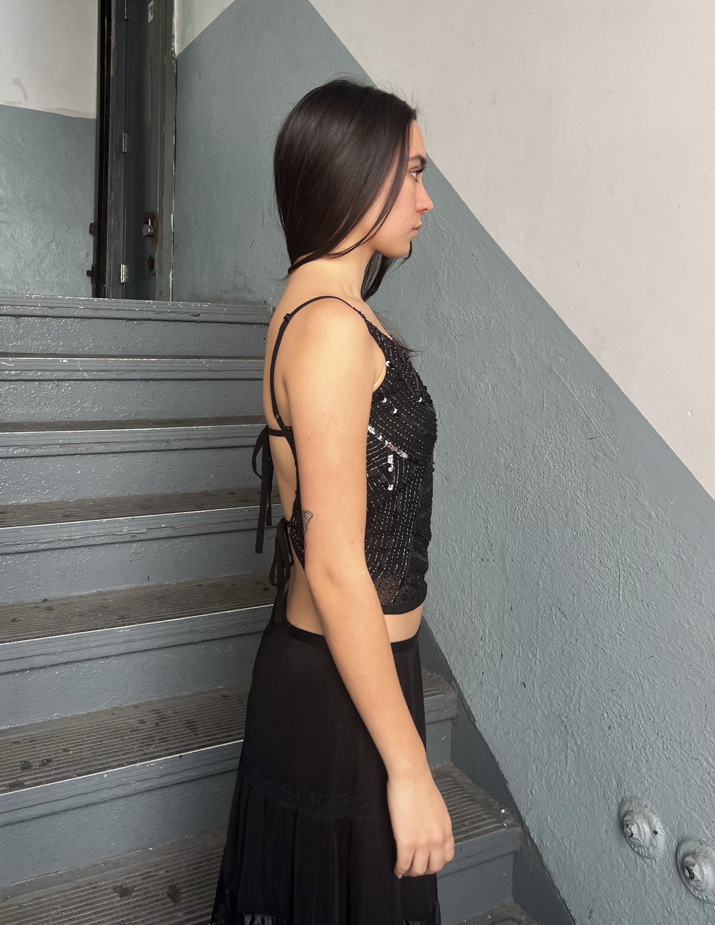 Vtg Black Sequin Adjustable Tank