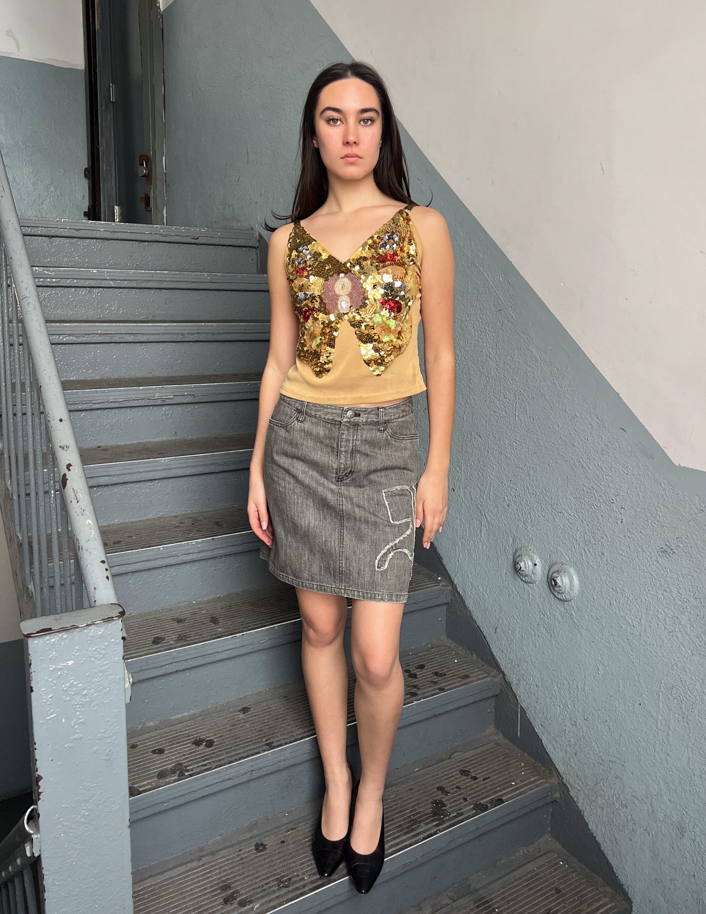 Vtg Butterfly Gold Sequin Tank