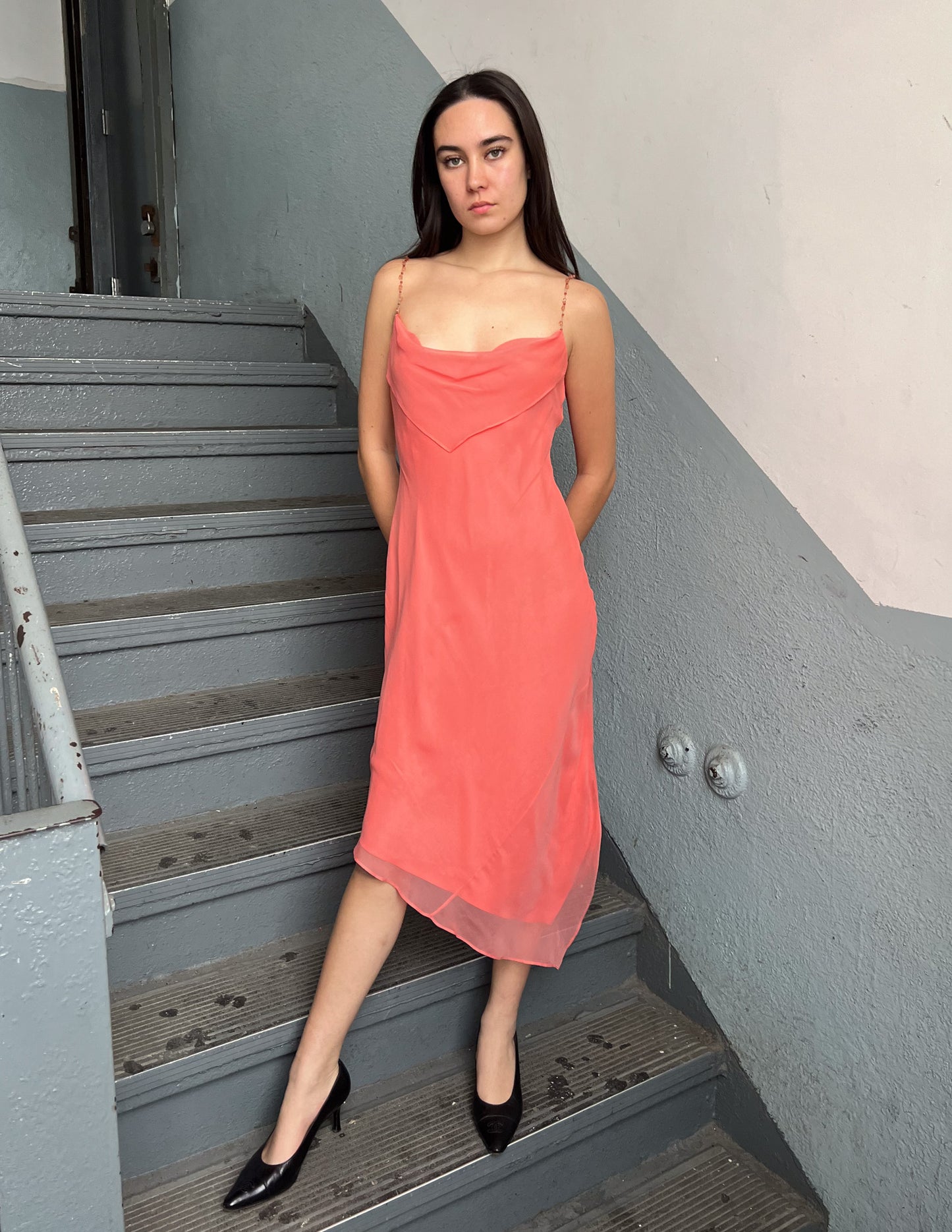 Vtg 100% Silk Laundry Coral Beaded Strap Asymmetrical Maxi