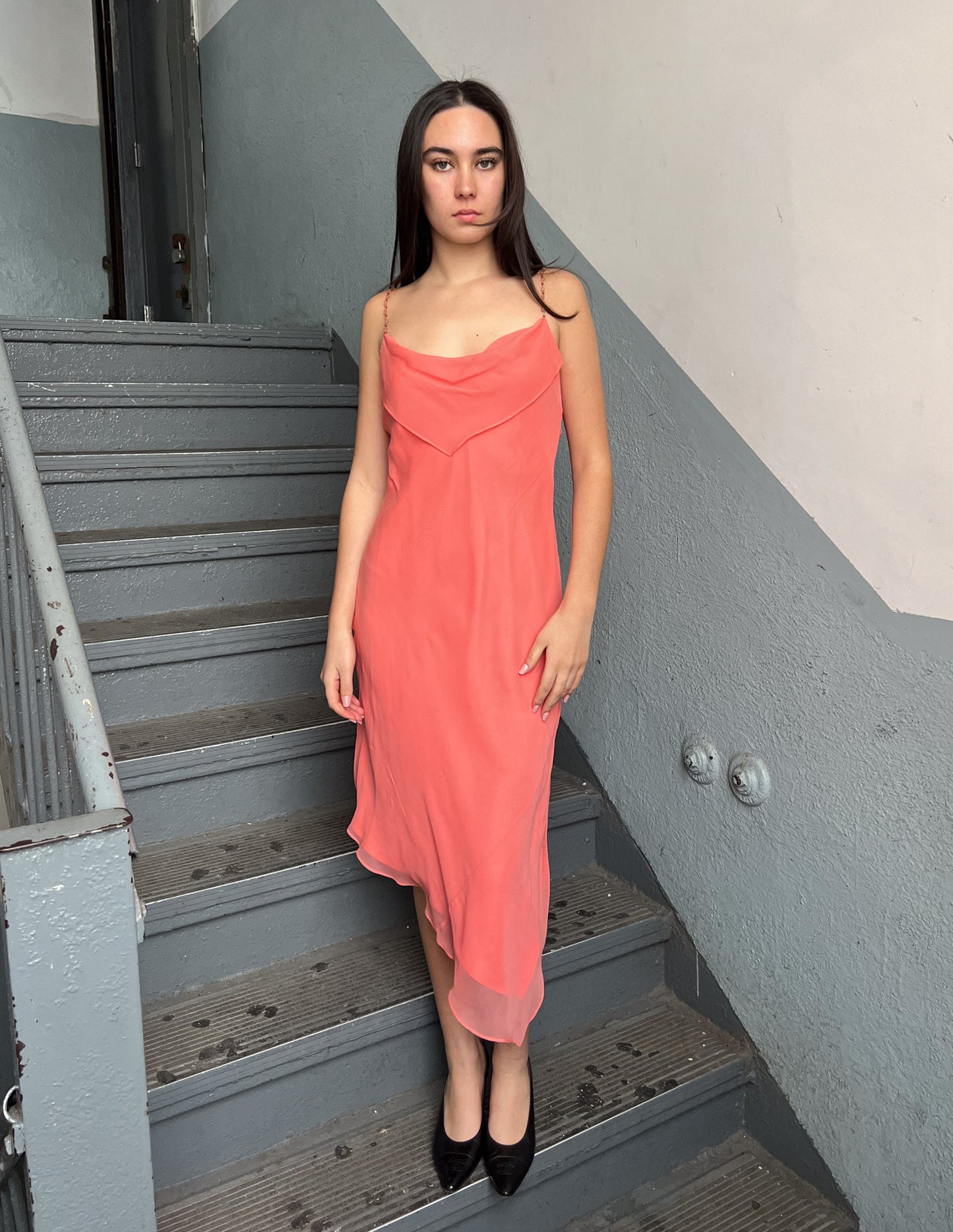 Vtg 100% Silk Laundry Coral Beaded Strap Asymmetrical Maxi