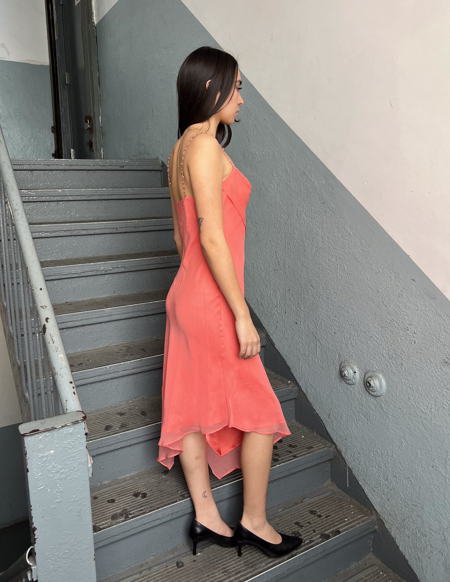 Vtg 100% Silk Laundry Coral Beaded Strap Asymmetrical Maxi