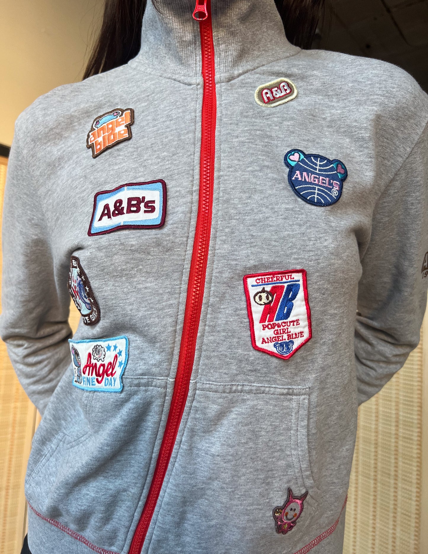 Angel Blue Grey & Red Patch Zip Up