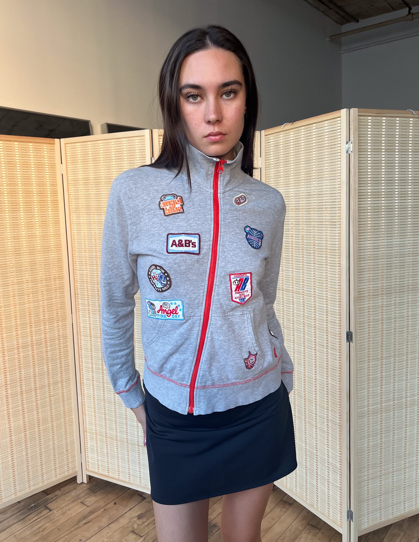 Angel Blue Grey & Red Patch Zip Up