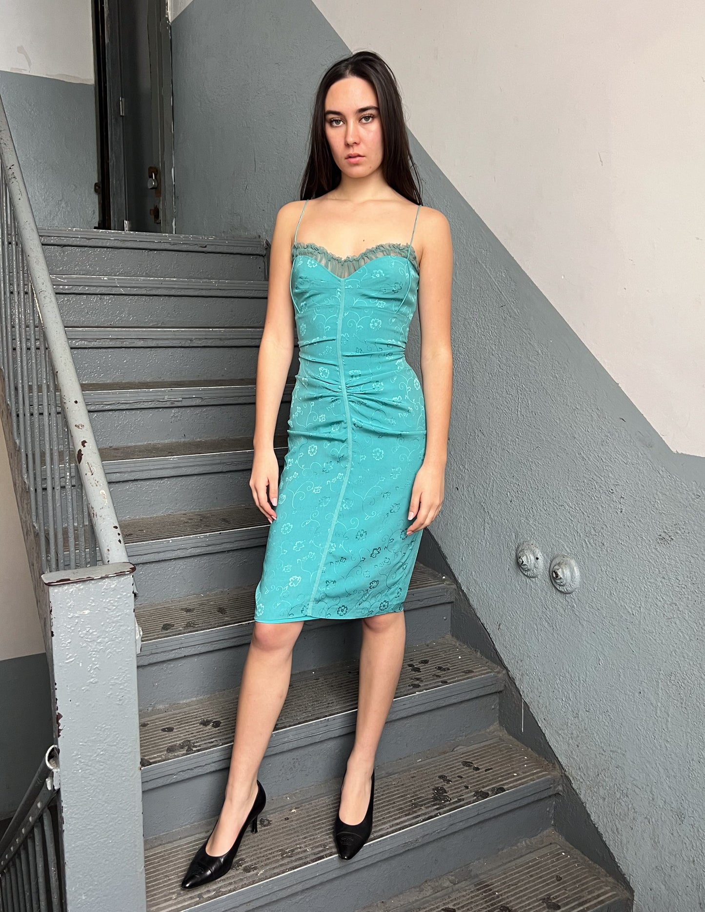 Nicole Miller Silk Teal Floral Dress