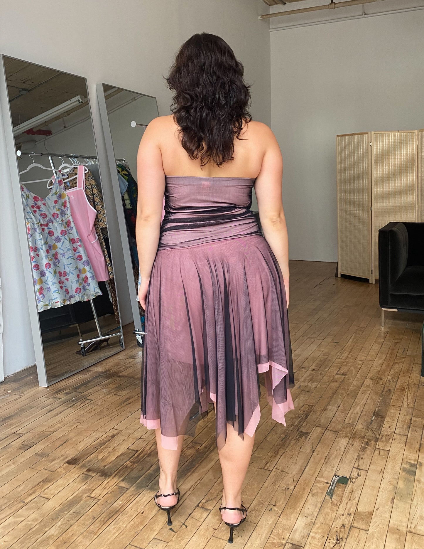 Floral Detail Y2K Mesh Overlay Tube Dress