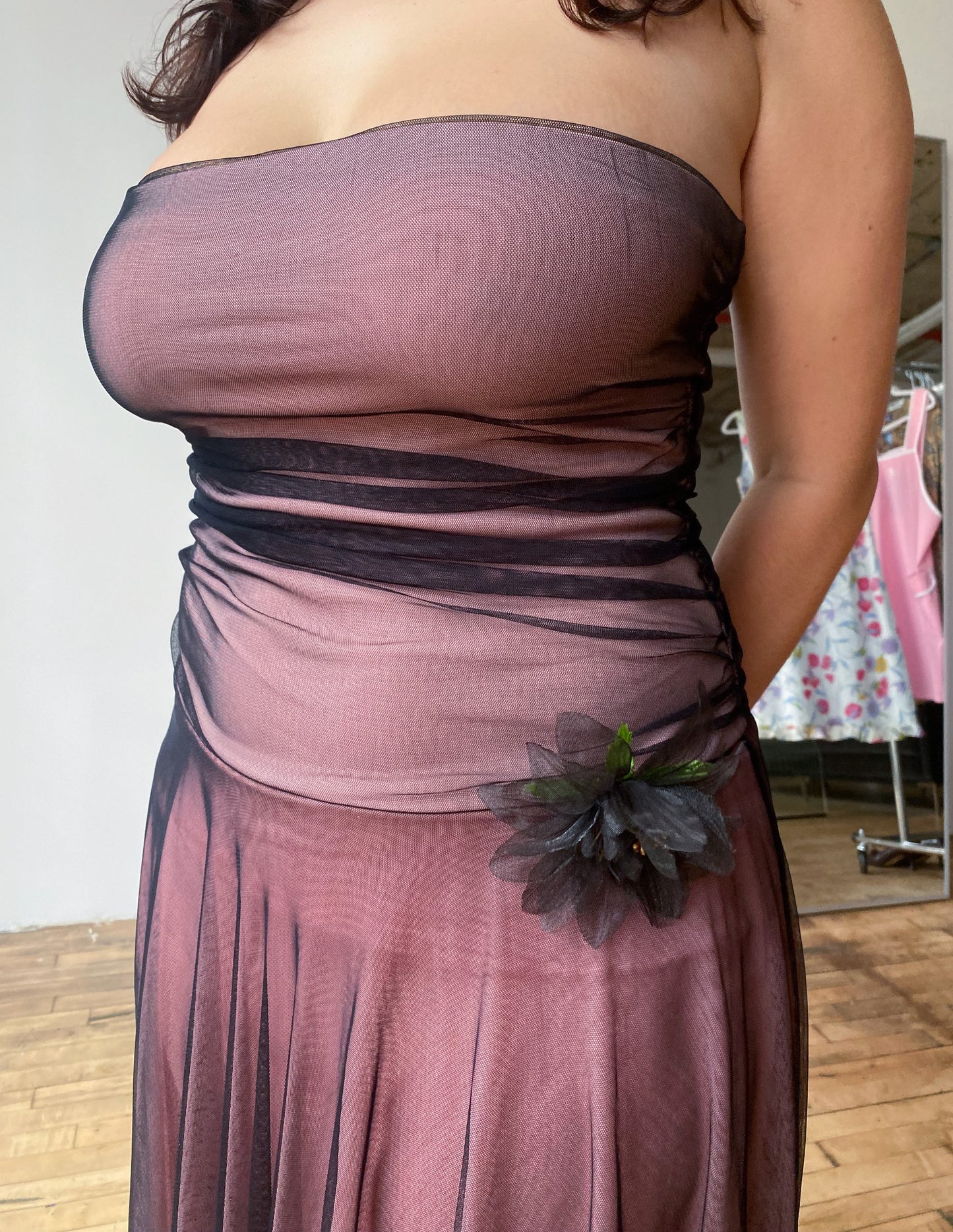 Floral Detail Y2K Mesh Overlay Tube Dress