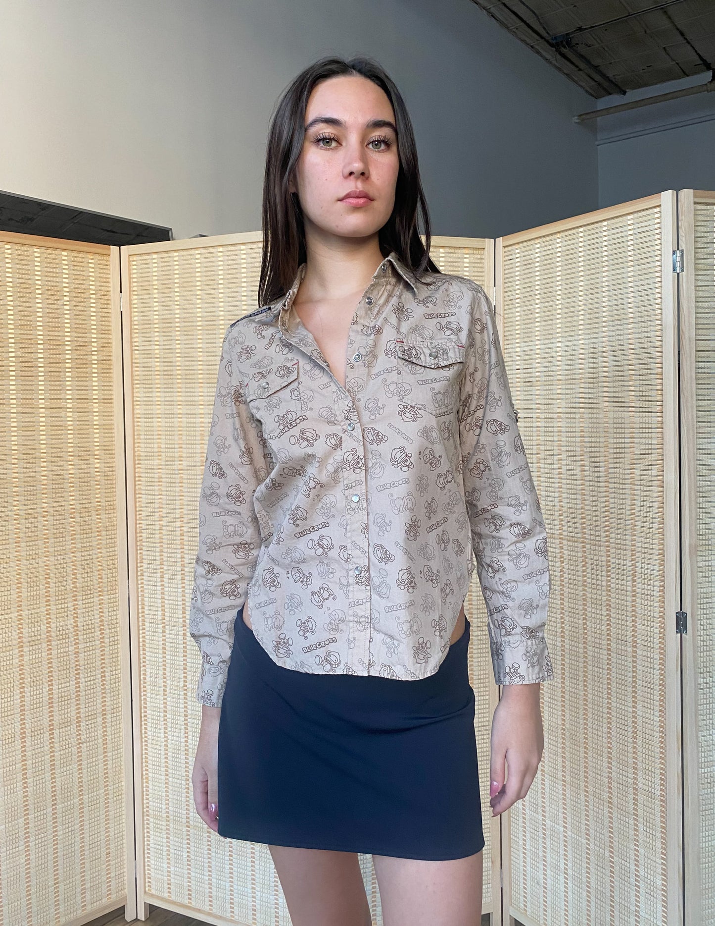 Blue Cross Patterned Button Up Long Sleeve