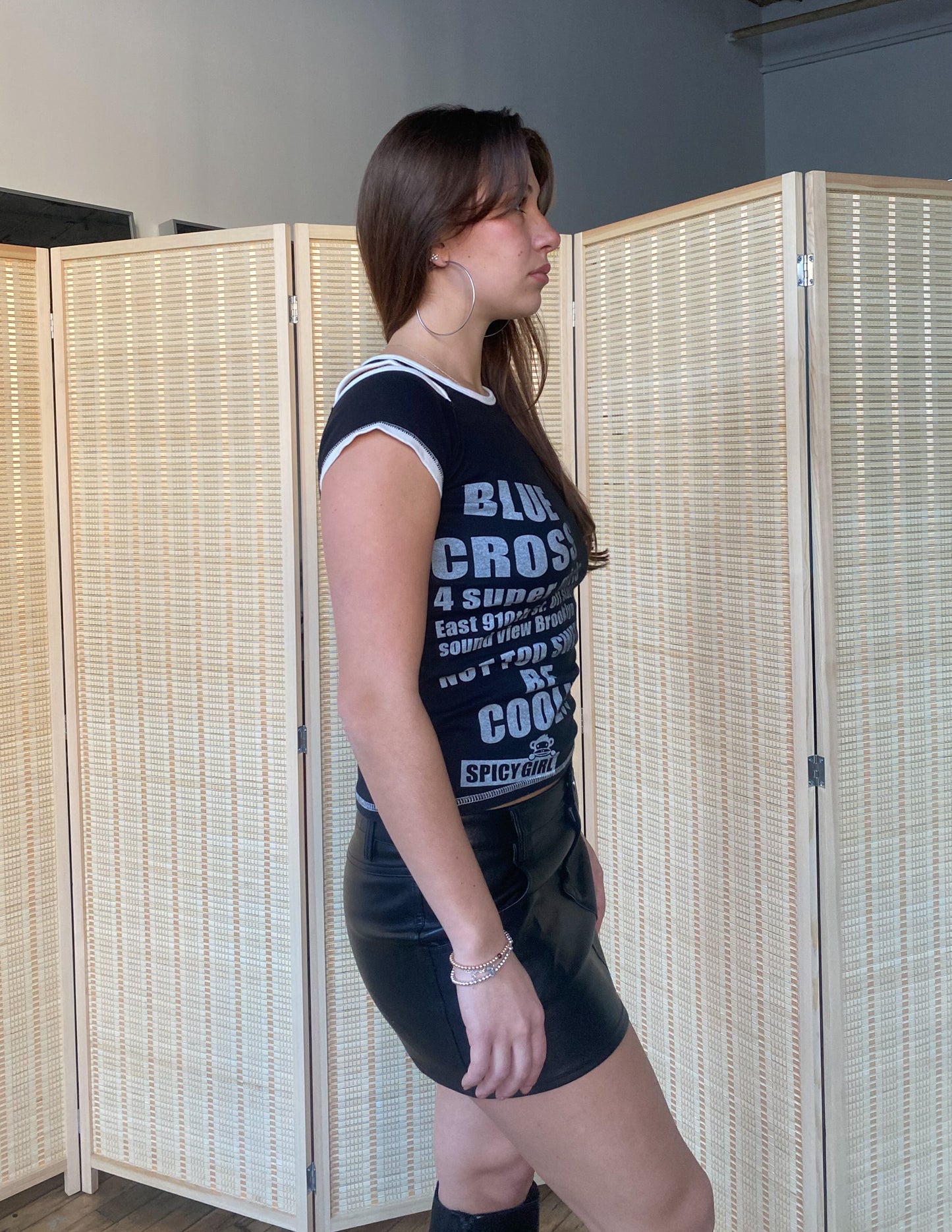 Blue Cross Black Off Shoulder Baby Tee